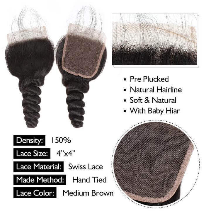 Loose Wave 4 Bundles with 4*4 Lace Closure Brazilian Unprocessed Virgin Human Hair 10A Grade