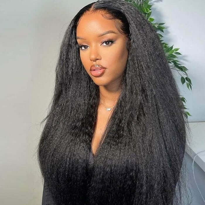 Brazilian Kinky Straight 13x4/T-part Transparent Lace Pre-plucked Human Hair Wig Natural Black - EVERGLOW HAIR