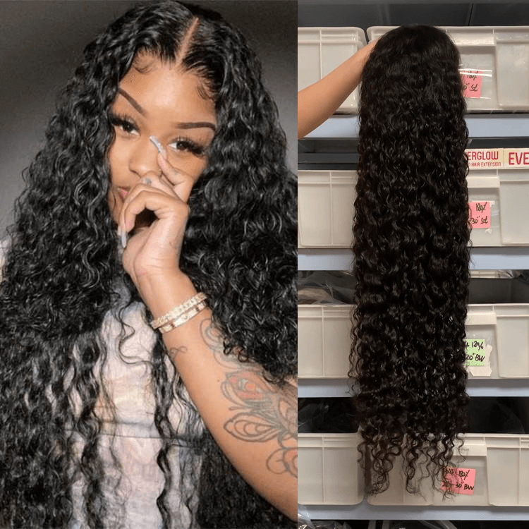 Super Long Length Water Wave 13x4 Lace Frontal Wig Natural Black EverGlow Human Hair - EVERGLOW HAIR