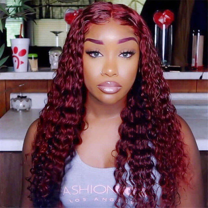 Burgundy 99J Color 13X4/4X4/T-part Lace Frontal Deep Wave Wig EverGlow Human Hair - EVERGLOW HAIR