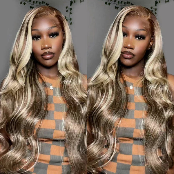 $99 Chocolate Brown Color with 613 Blonde Highlight P4/613 Body Wave Lace Wig 16Inches