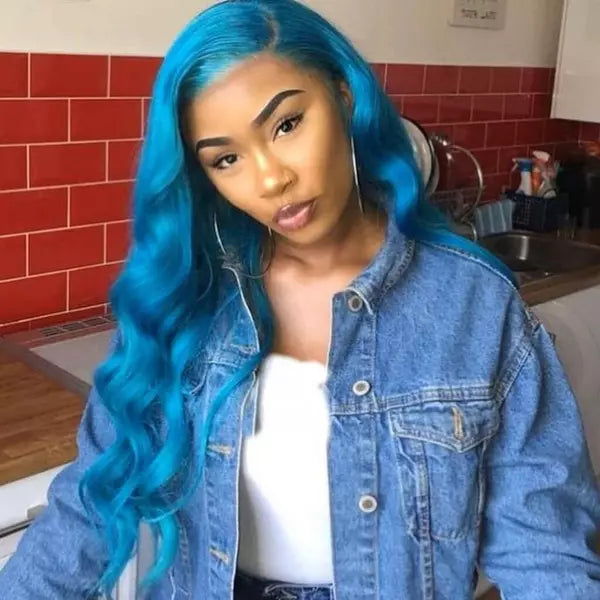 Sapphire Light Blue Color Body Wave 13X4 Lace Frontal Wig EverGlow Human Hair - EVERGLOW HAIR
