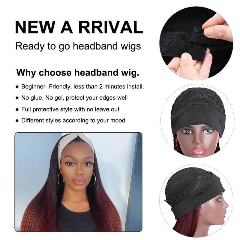 Brazilian Straight Headband Glueless Wig Burgundy Color EverGlow Human Hair Wig - EVERGLOW HAIR