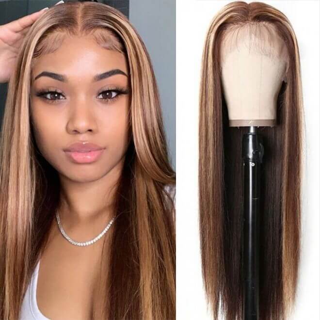 Honey Blond Highlight Piano Color P4/27 Straight Lace Wig