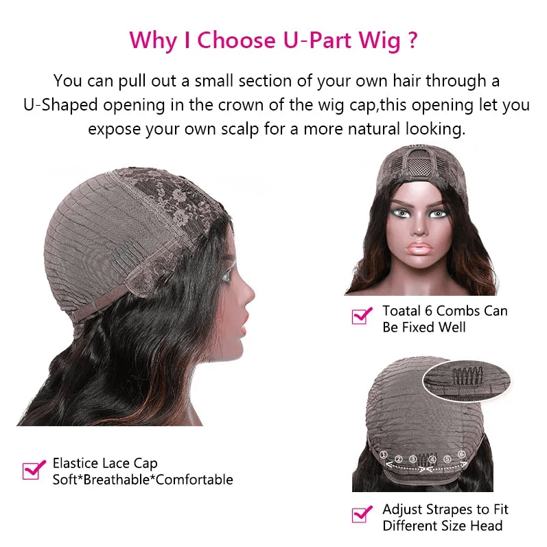 U-Part Body Wave Lace Wig Natural Black EverGlow Human Hair - EVERGLOW HAIR