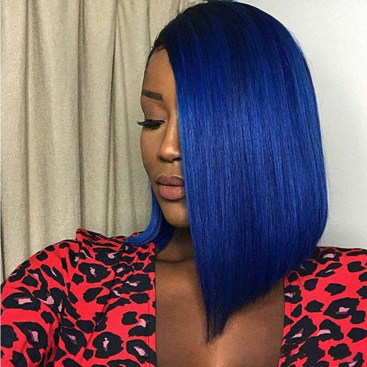 Ombre Blue/Black Color Bob Straight 13x4 Lace Frontal Human Hair Wig 1b/blue