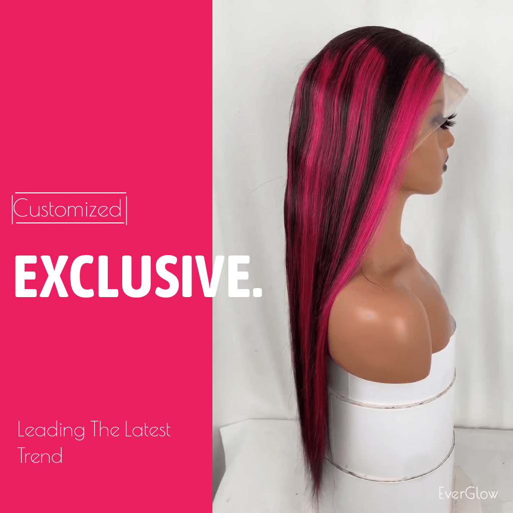 Rose Pink Highlight Black Piano Color Straight 13x4 Lace Frontal Wig Pink/1b