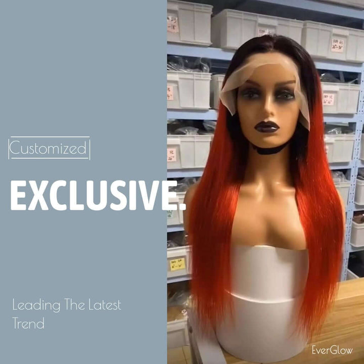 Customized Ombre Black/Red Color 13X4 Lace Front Wig 1b/red - EVERGLOW HAIR