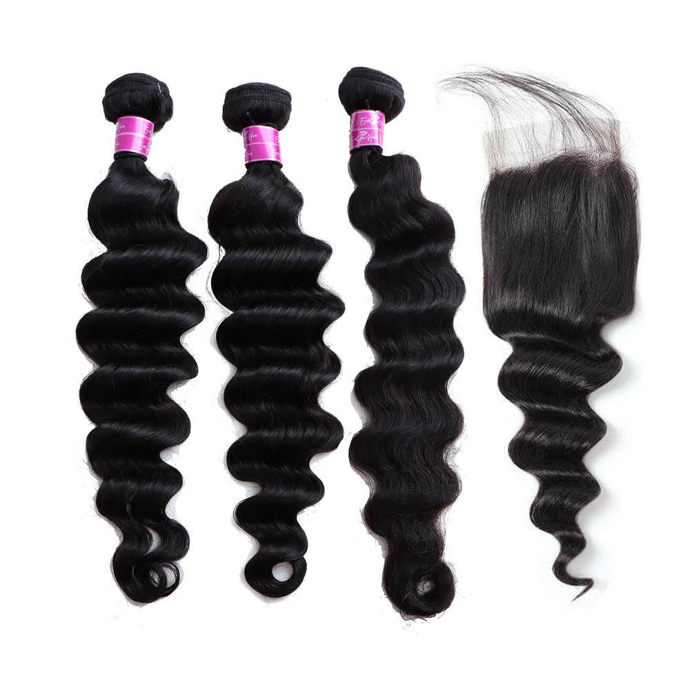 Loose Deep Wave 3 Bundles with 4*4 Lace Closure Brazilian Unprocessed Virgin Human Hair 10A Grade - EVERGLOW HAIR