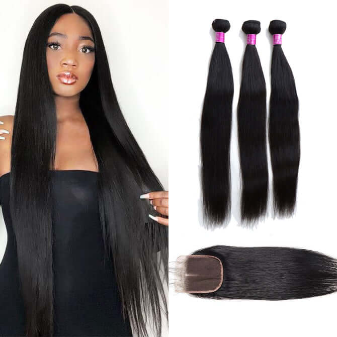 Straight 3 Bundles with 4x4 Lace Closure Brazilian Unprocessed Virgin Human Hair 10A Grade - EVERGLOW HAIR