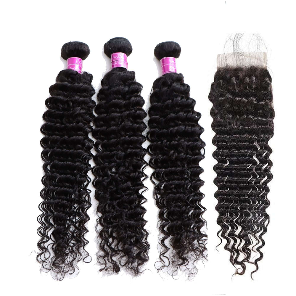 Deep Wave 3 Bundles with 4x4 Lace Closure Brazilian Unprocessed Virgin Human Hair 10A Grade - EVERGLOW HAIR