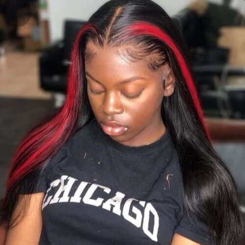 Skunk Stripe Style Red Front/Black Back 13x4/4x4/T-part Lace Wig Red/1b