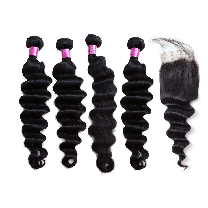 Loose Deep Wave 4 Bundles with 4x4 Lace Closure Brazilian Unprocessed Virgin Human Hair 10A Grade - EVERGLOW HAIR