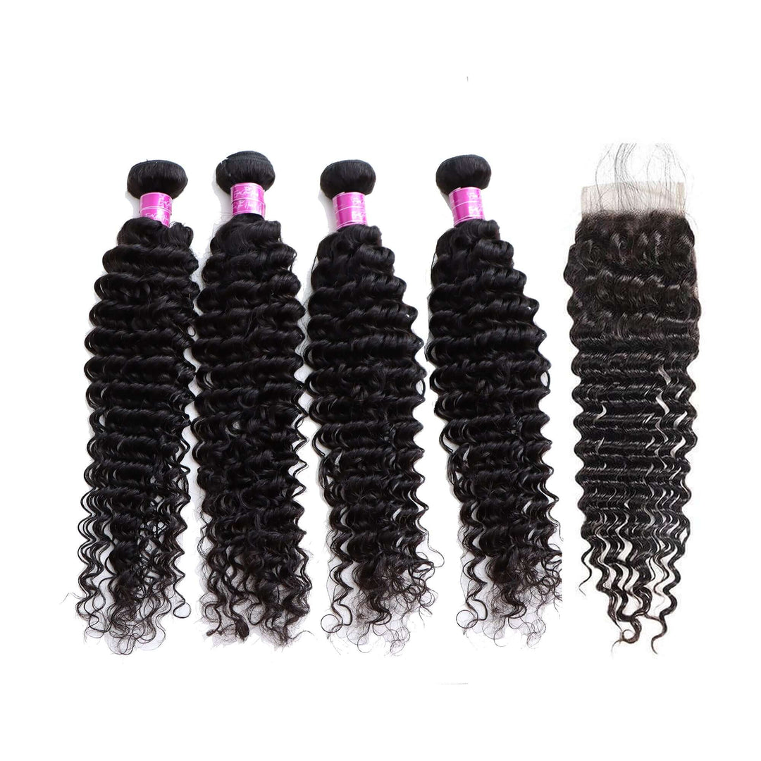 Deep Wave 4 Bundles with 4x4 Lace Closure Brazilian Unprocessed Virgin Human Hair 10A Grade - EVERGLOW HAIR