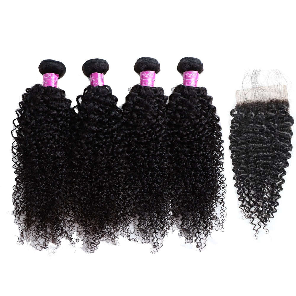 Jerry Curly 4 Bundles with 4*4 Lace Closure Brazilian Unprocessed Virgin Human Hair 10A Grade - EVERGLOW HAIR