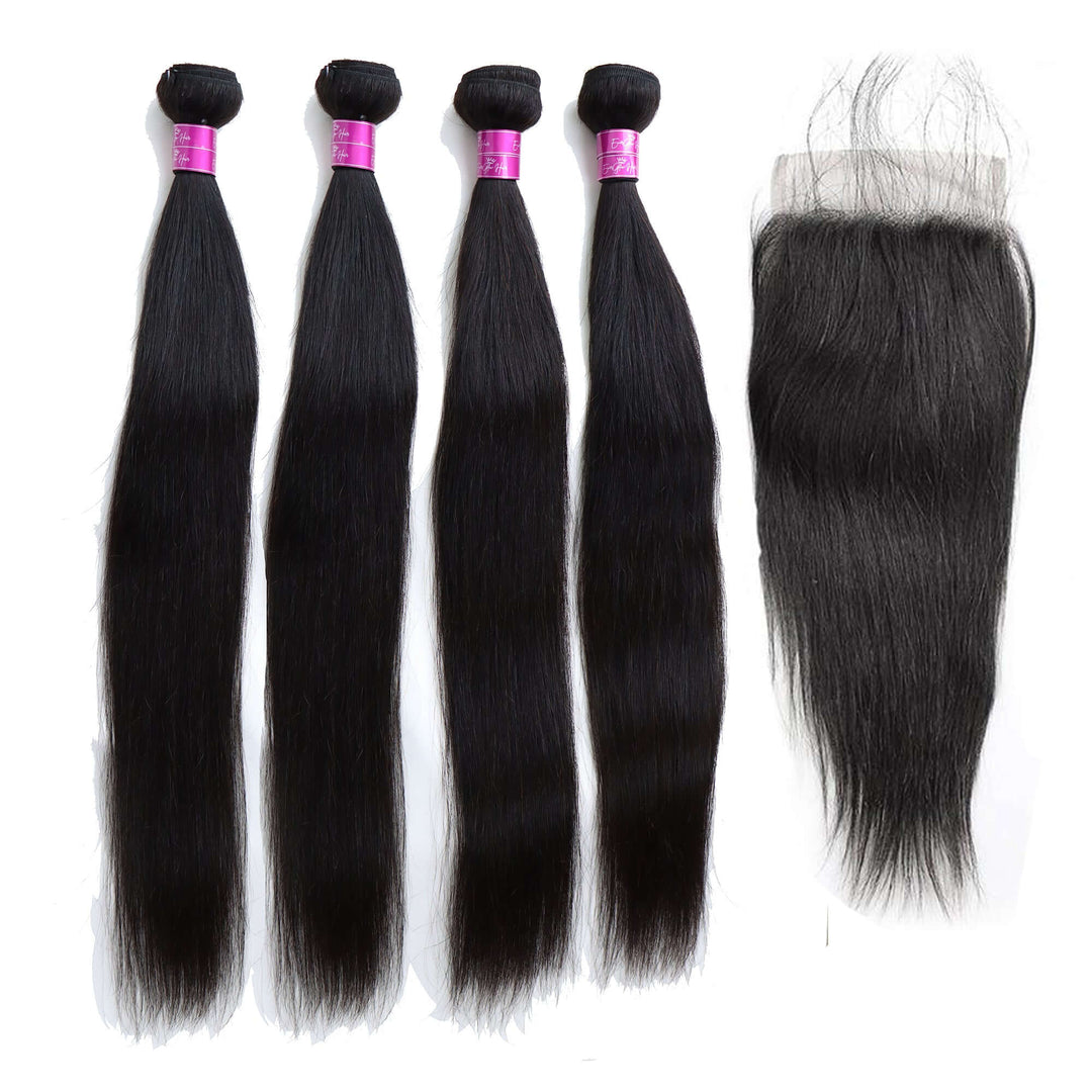 Straight 4 Bundles with 4x4 Lace Clousre Brazilian Unprocessed Virgin Human Hair 10A Grade - EVERGLOW HAIR