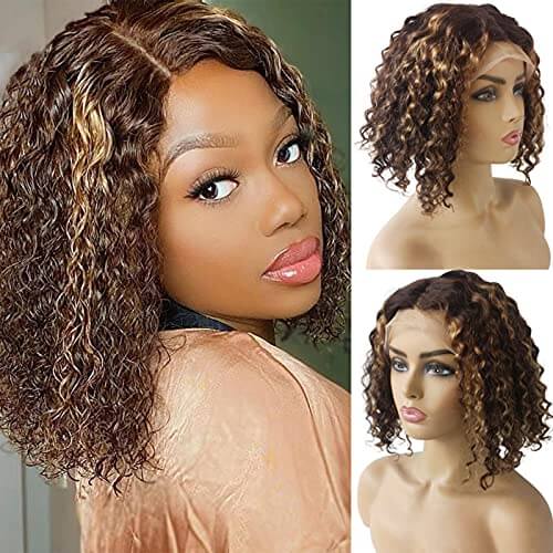 Short Highlight Piano Curly Bob 13x4 Lace Frontal Wig EverGlow Human Hair 4/27 Color