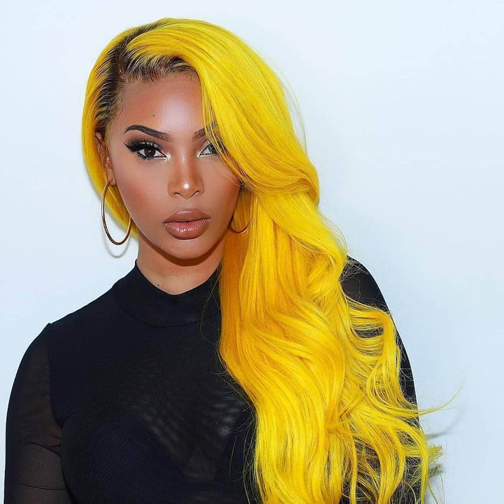 Customized Ombre Color Straight/Body Wave 13X4 Lace Frontal Wig 1b/yellow - EVERGLOW HAIR