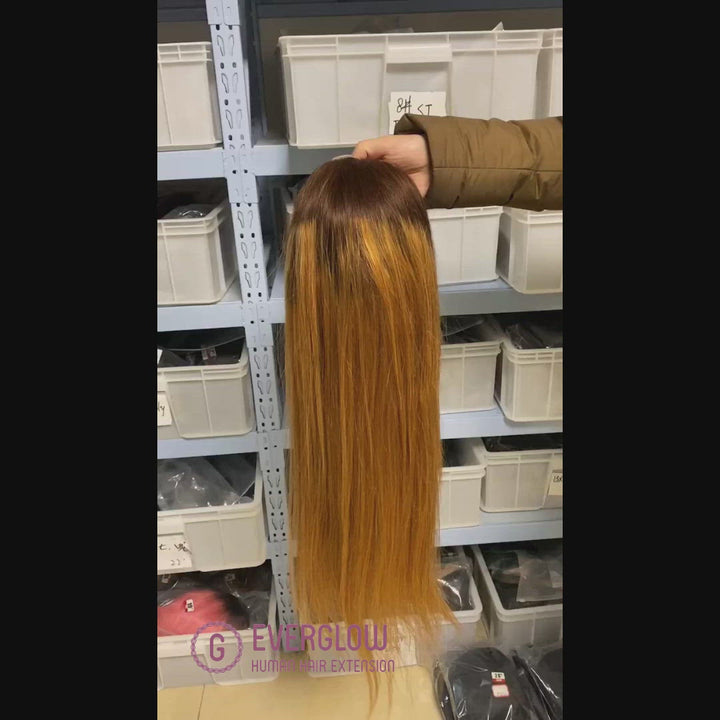Customized Ombre Color Black Roots Gold Color 13X4 Lace Frontal Human Hair Wig