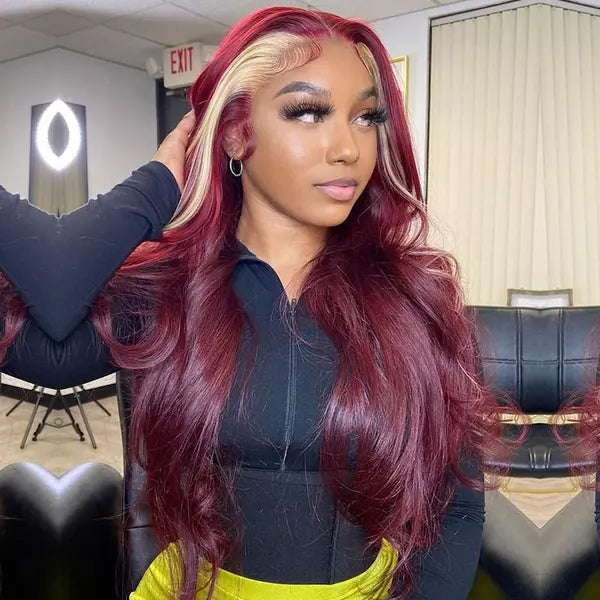Skunk Stripe Style Blond Front/Burgundy Back Straight 13x4 Lace Frontal Wig