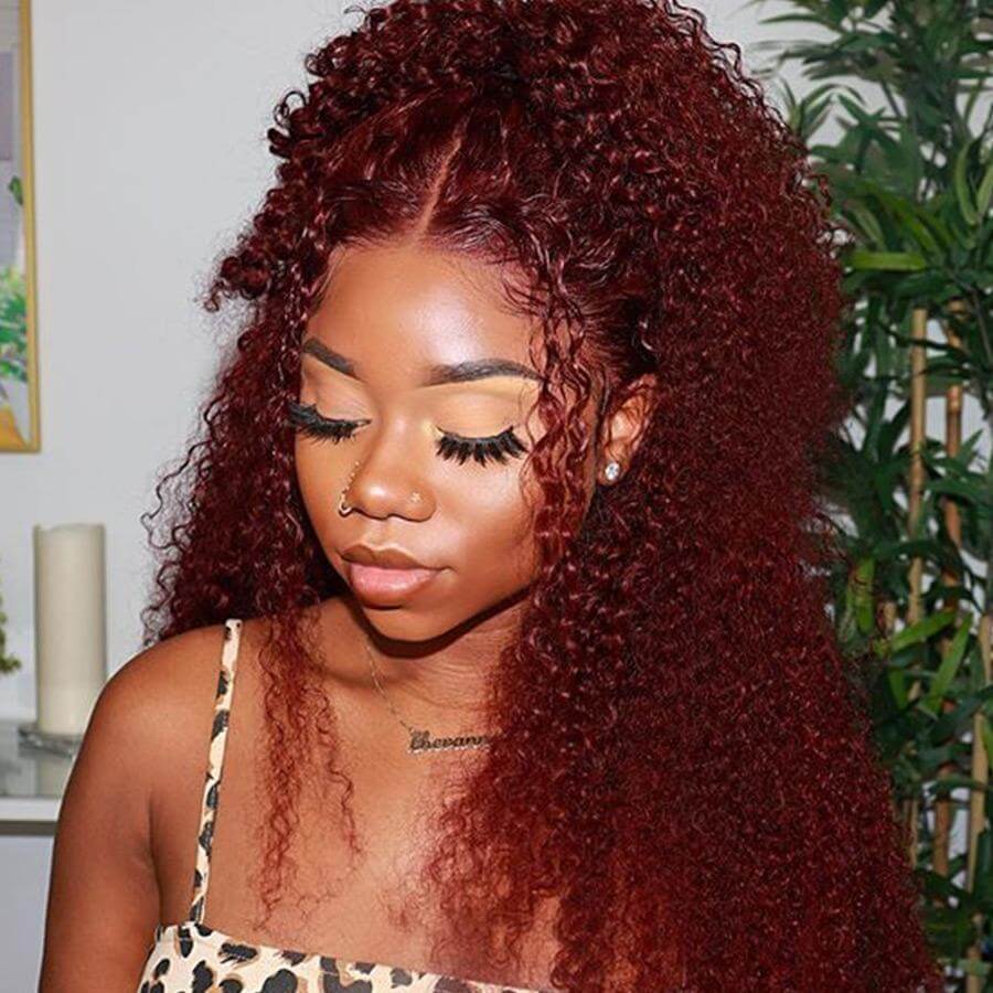 Burgundy 99J Kinky Curly 13x4/4x4/T-part Lace Wig - EVERGLOW HAIR