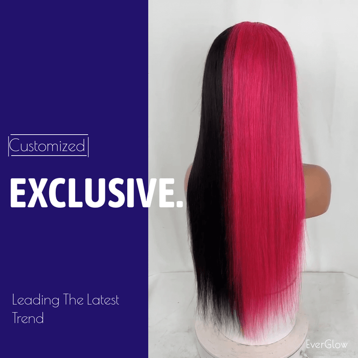 Half Rose Pink Half Black Color Straight 13x4 Lace Frontal Wig EverGlow Human Hair