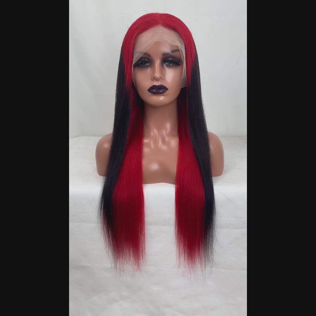 Customized Ombre Red/Black Color Straight 13X4 Lace Frontal Wig