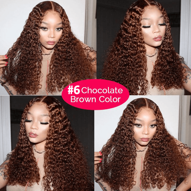 Hot #6 Chocolate Brown Color Water Wave 13x4 Lace Frontal Wig - EVERGLOW HAIR