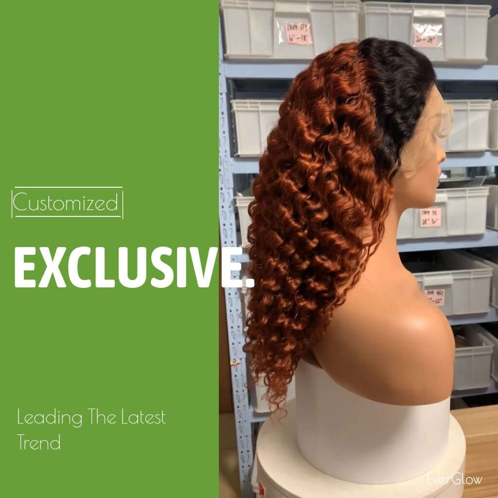 Customized Ombre Black/Orange Color Deep Wave 13X4 Lace Front Wig 1b/#350 - EVERGLOW HAIR