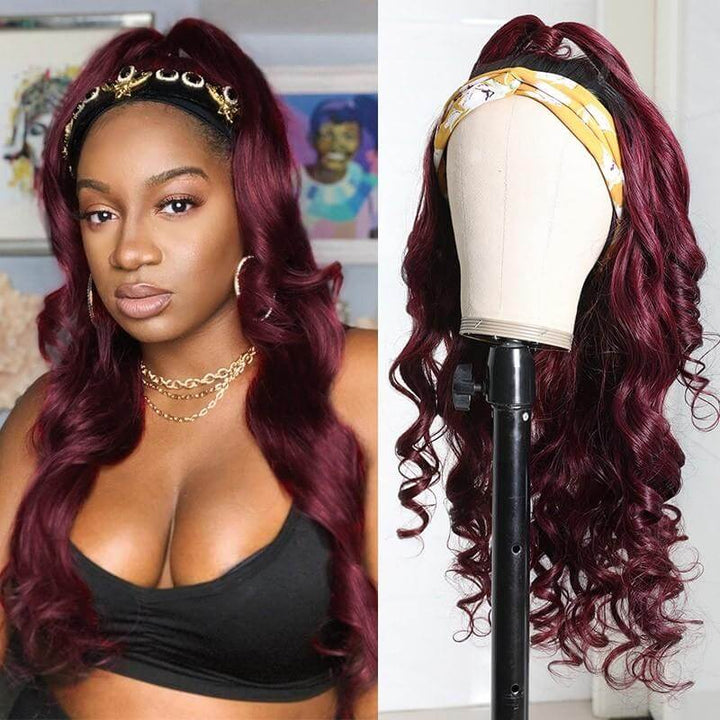 Brazilian Body Wave Headband Scarf Burgundy Colored EverGLow Human Hair Wig For Women No Glue More Hairstyle - EVERGLOW HAIR