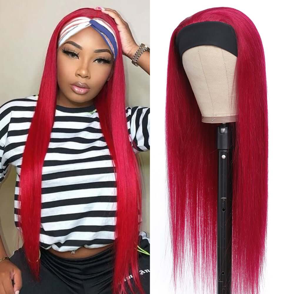 Hot Red Straight Headband Wig EverGlow Human Hair