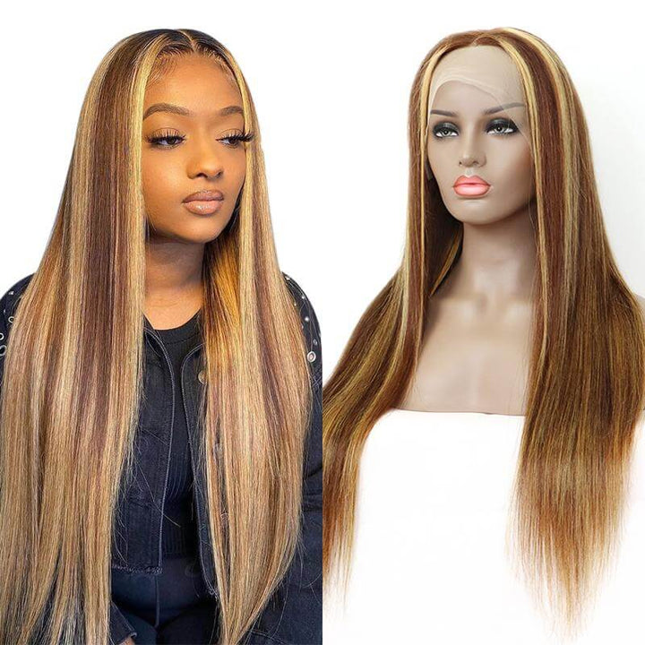 Honey Blond Highlight Piano Color P4/27 Straight 13x4 Lace Frontal/4x4 Lace Closure Wig