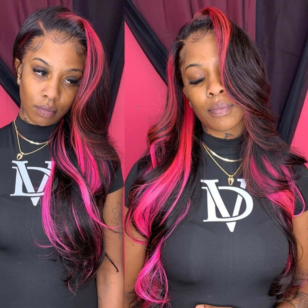 Rose Pink Highlight Black Piano Color Body Wave 13x4 Lace Frontal Wig Pink/1b