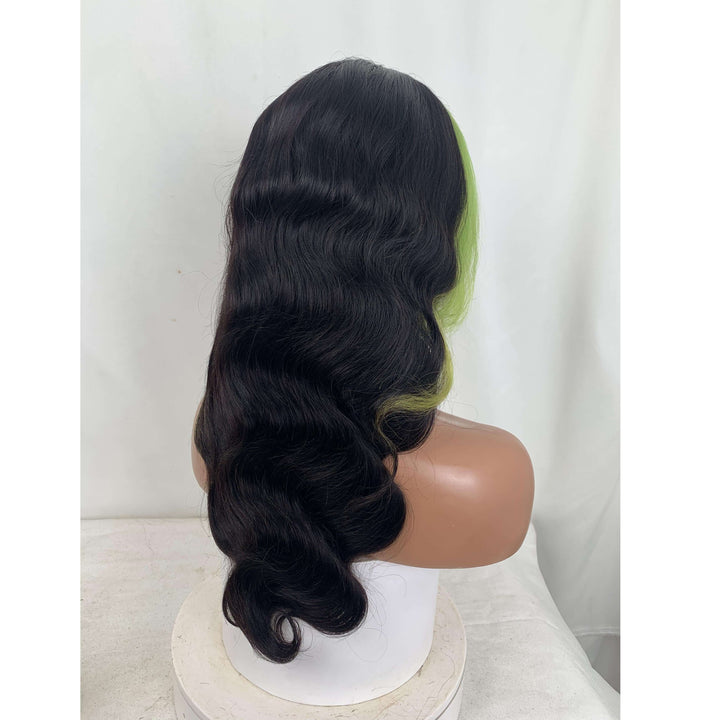 Skunk Stripe Style Green Front/Black Back Body Wave 13x4 Lace Frontal Wig
