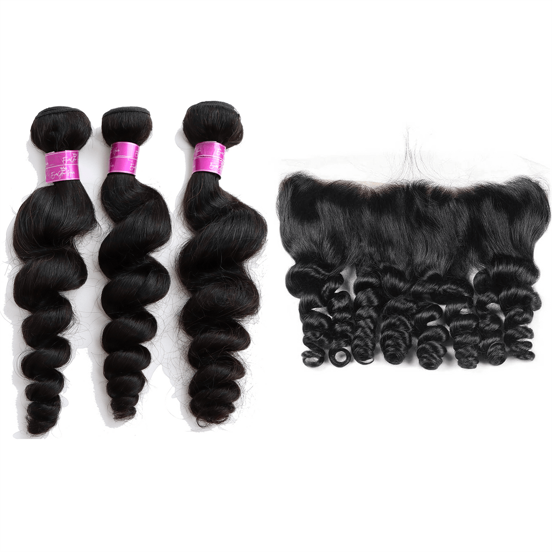 Loose Wave 3 Bundles with 13*4 Lace Frontal Brazilian Unprocessed Virgin Human Hair 10A Grade - EVERGLOW HAIR
