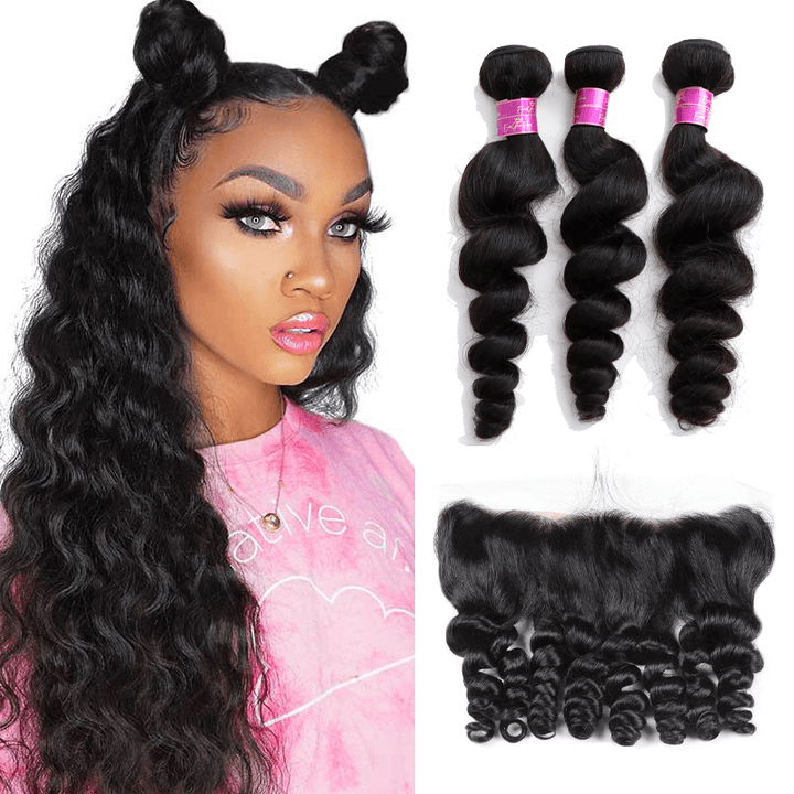 Loose Wave 3 Bundles with 13*4 Lace Frontal Brazilian Unprocessed Virgin Human Hair 10A Grade - EVERGLOW HAIR