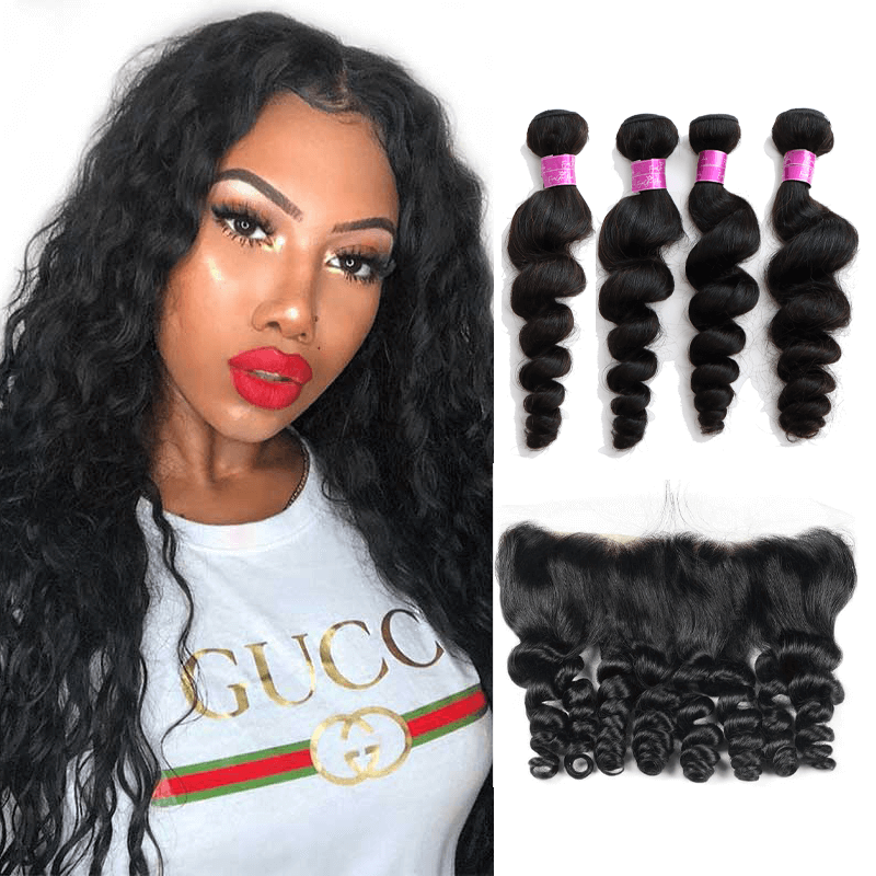 Loose Wave 4 Bundles with 13*4 Lace Frontal Brazilian Unprocessed Virgin Human Hair 10A Grade