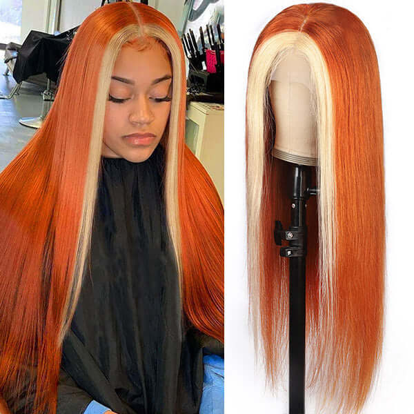 Skunk Stripe Style Blond Front/Orange Back Straight Lace Wig 613/#350