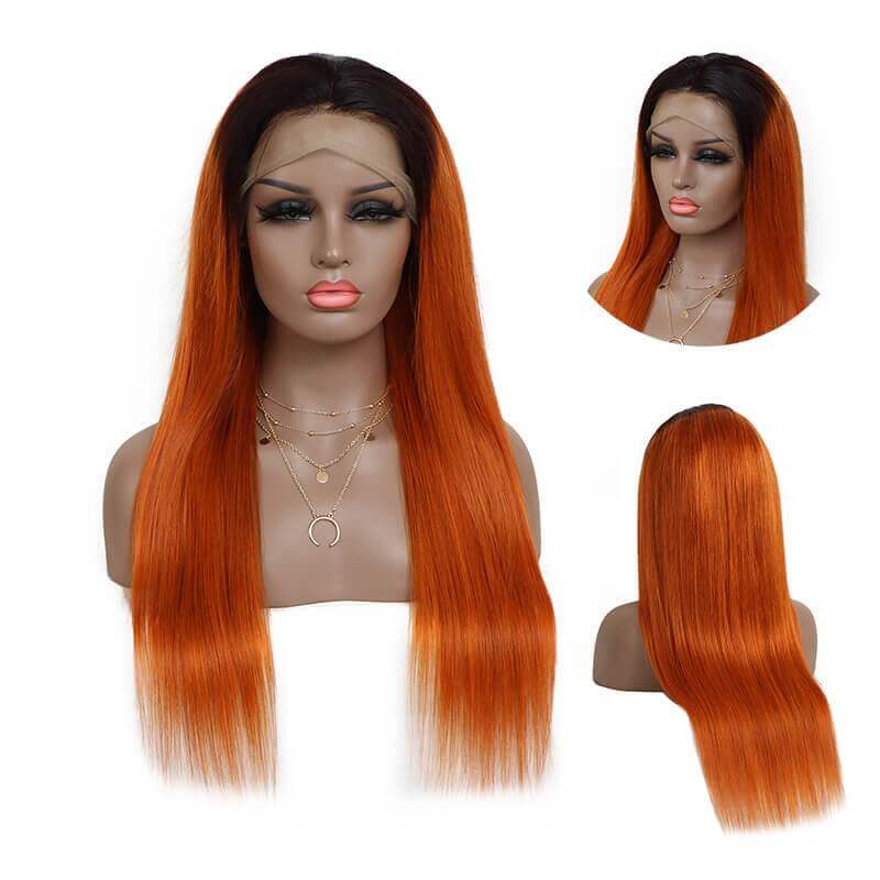 Customized Ombre Black/Orange Color 13X4 Lace Front Wig 1b/#350 - EVERGLOW HAIR
