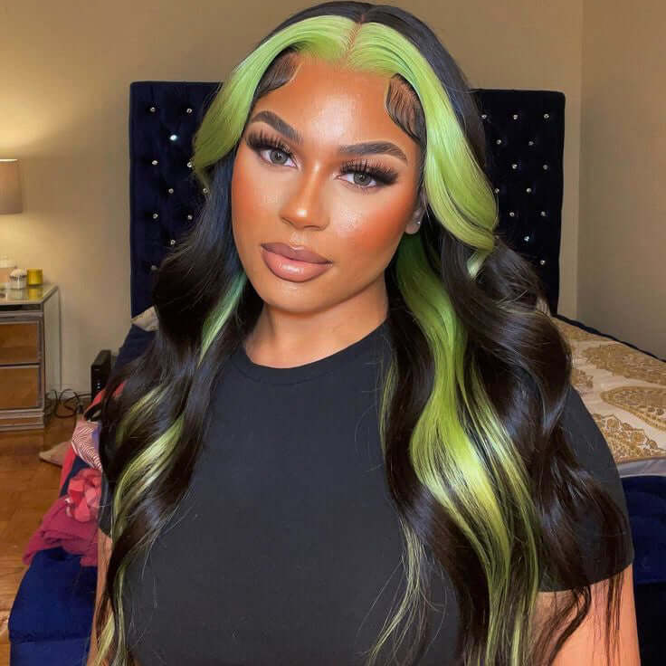 Skunk Stripe Style Green Front/Black Back Body Wave 13x4 Lace Frontal Wig