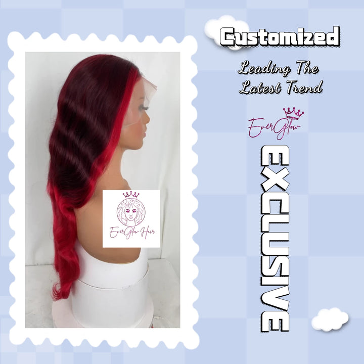 Customized Ombre Burgundy/Red Color Body Wave 13X4 Lace Frontal Wig 99j/red