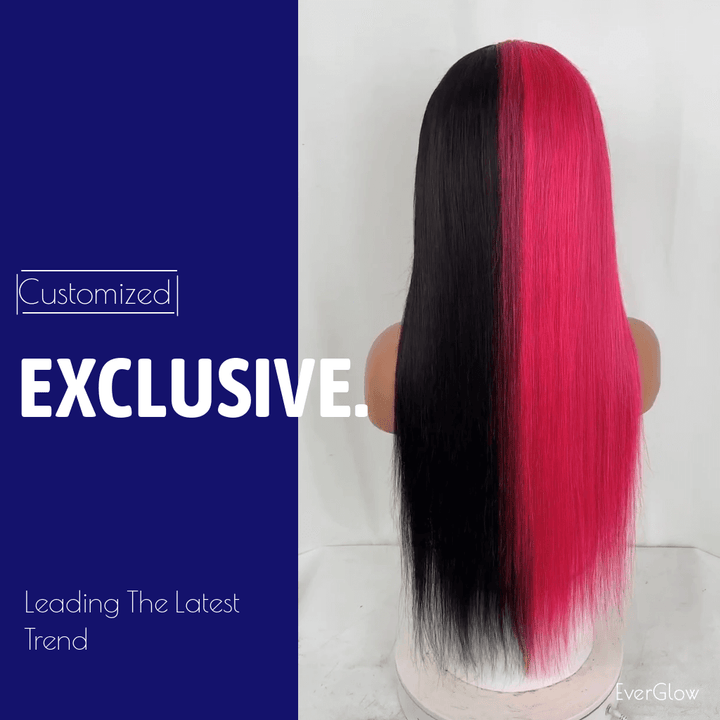 Half Rose Pink Half Black Color Straight 13x4 Lace Frontal Wig EverGlow Human Hair