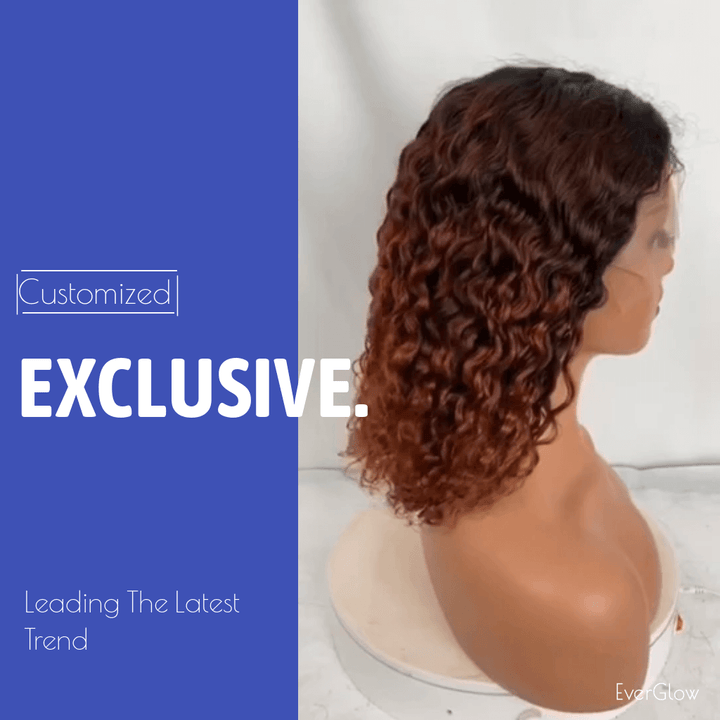 Short Ombre Brown Water Wave Bob 13x4 Lace Frontal Colored Wig EverGlow Human Hair