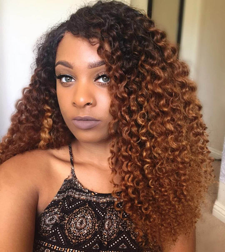 Customized Ombre Color Curly 13X4 Lace Frontal Wig 1b/#4/27 - EVERGLOW HAIR