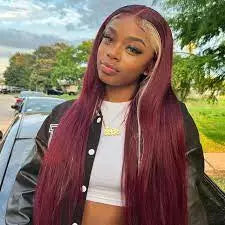Skunk Stripe Style Blond Front/Burgundy Back Straight 13x4 Lace Frontal Wig