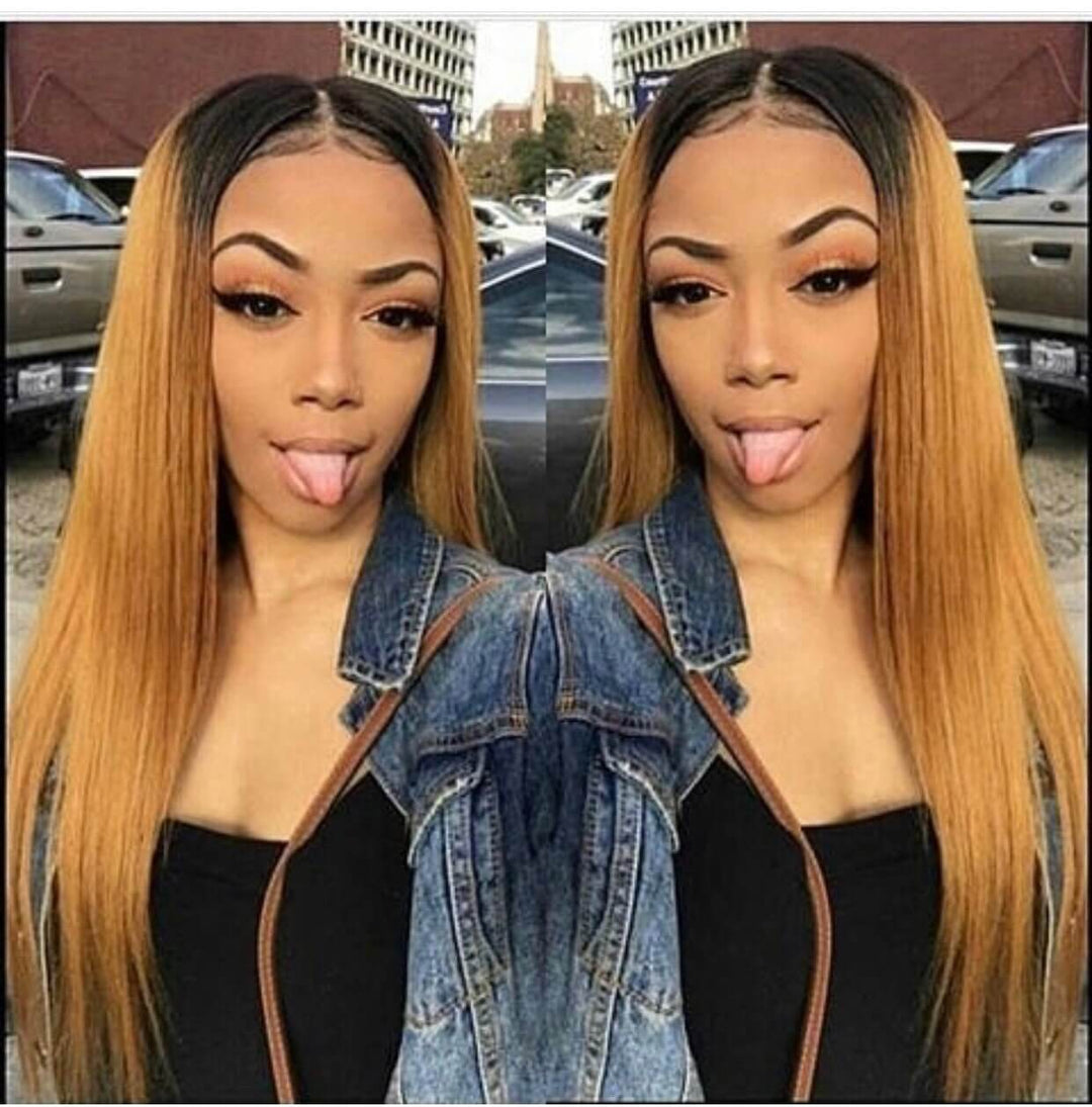 Customized Ombre Color Black Roots Gold Color 13X4 Lace Frontal EverGlow Human Hair Wig honey gold - EVERGLOW HAIR
