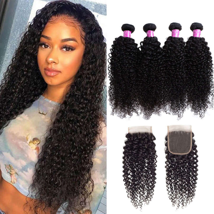 Jerry Curly 4 Bundles with 4*4 Lace Closure Brazilian Unprocessed Virgin Human Hair 10A Grade - EVERGLOW HAIR