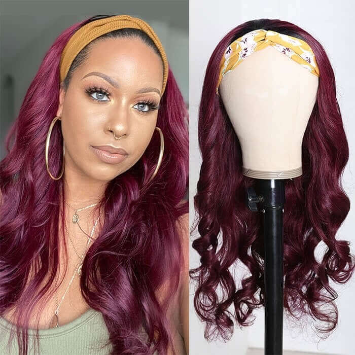 Brazilian Burgundy Colored Body Wave Headband Wig - EVERGLOW HAIR
