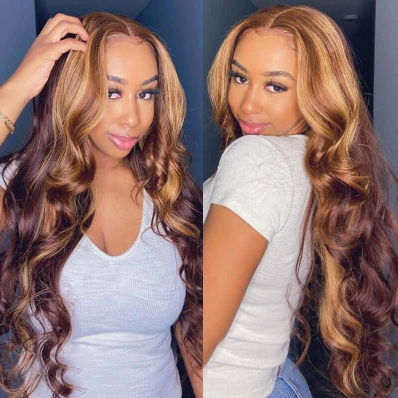 Honey Blond Highlight Piano P4/27 Color Body Wave Lace Frontal Wig - EVERGLOW HAIR
