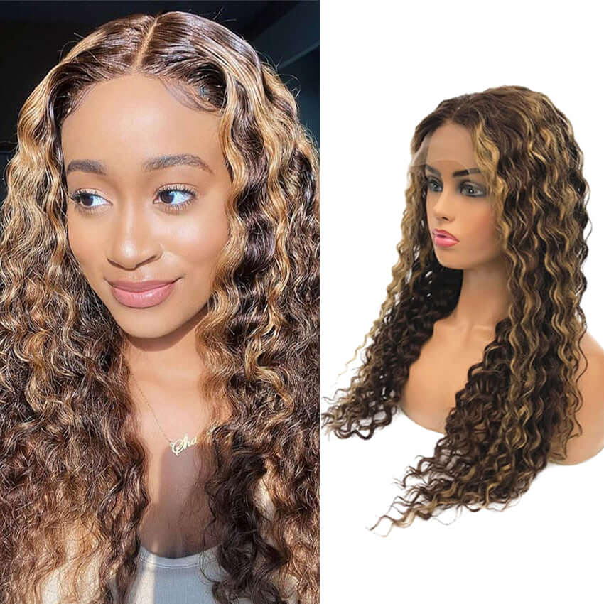 Honey Blond Highlight Piano Color Water Wave Lace Frontal Wig - EVERGLOW HAIR